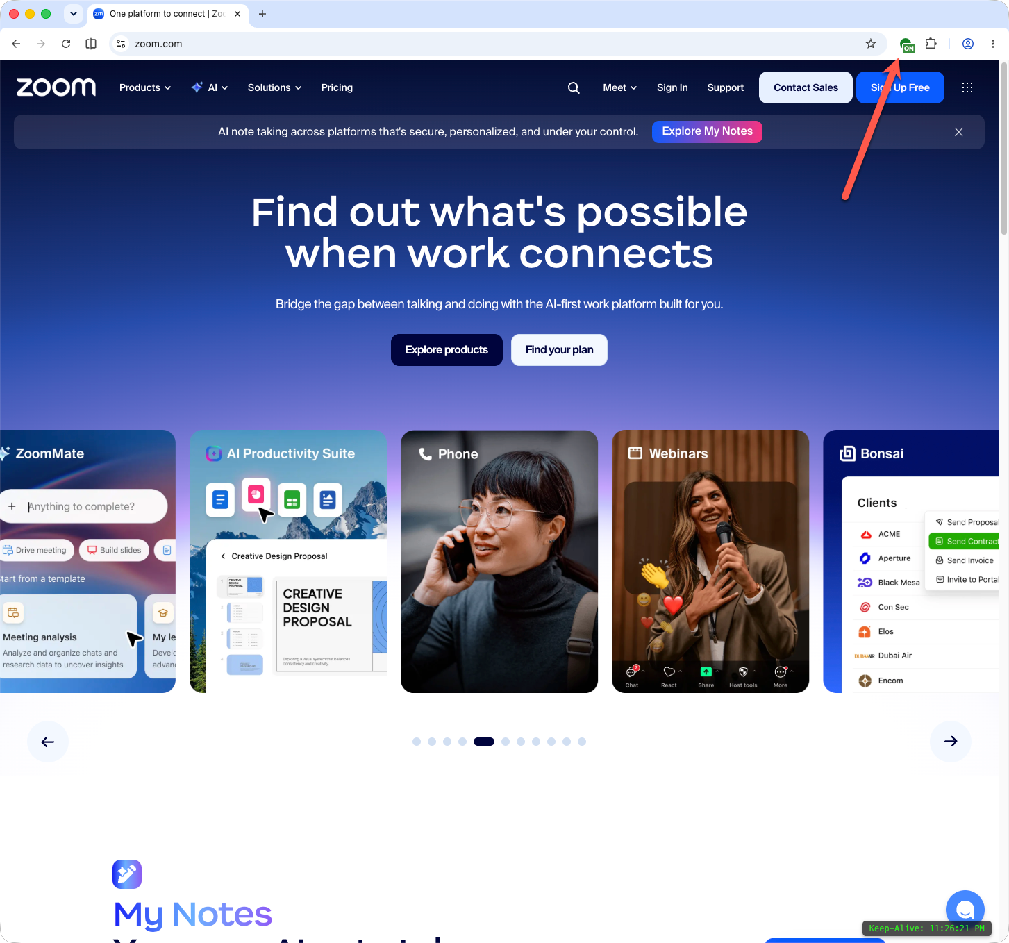 Page Keep-Alive running on Zoom.com — clock indicator visible in the bottom right corner