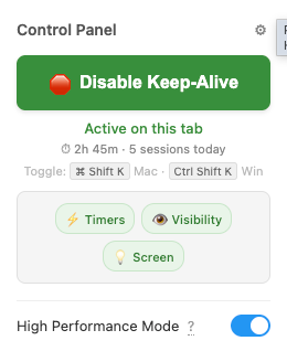 Control panel — Keep-Alive enabled (green button)
