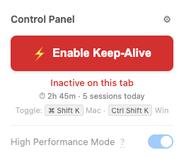 Control panel — Keep-Alive inactive (red button)